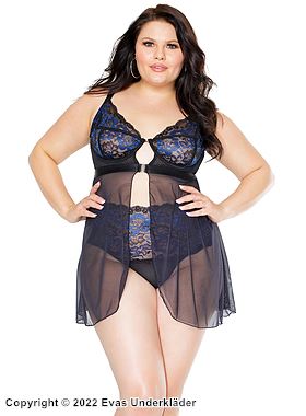 Bezauberndes Babydoll, durchsichtiges Mesh und Spitze, Stickerei, Schlüsselloch, Blumen, Plus Size